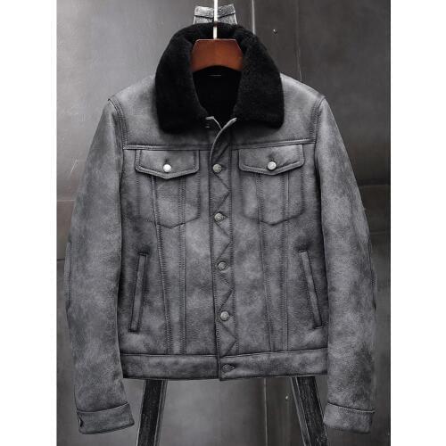 Mens Sheepskin Shearling Jacket B3 Flight Jacket Aviator Winter Coat Fur Bomber Leather Jacket Gray Denim Jacket