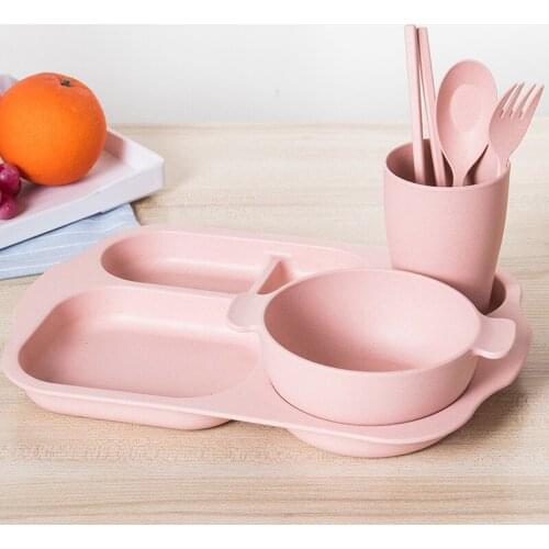 Baby Tableware 6pcs Set Dishes Plate Bowl Spoon Fork Cup Solid Chopsticks Food Self Feeding for Kids Children Creative Gift