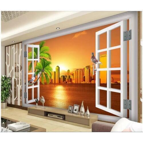 Custom mural photo 3d room wallpaper Window, sea view, sunset building Home decoration 3d wall murals wallpaper for walls 3 d