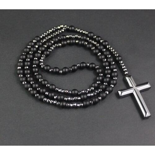 Hematite Health Mens Necklaces Cross Pendant Rosary Beaded Crucifix Necklace for Him Father Religious Jewelry Gift