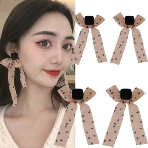 Apricot Polka Dot Bow Earrings Pendant Drop Dangle Earrings for Women Elegant Winter Long Stud Earrings Party Jewelry Wholesale