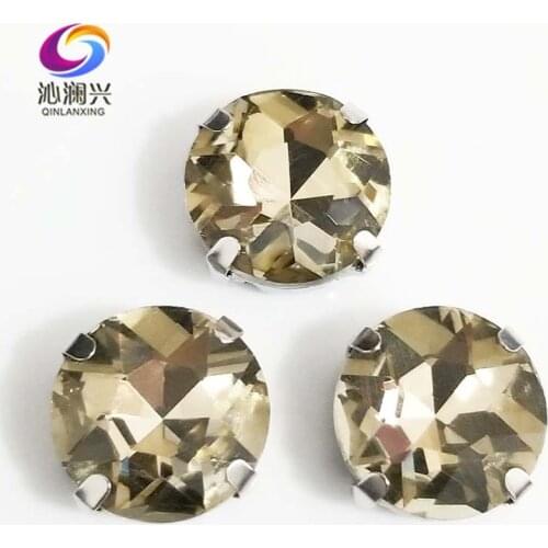 Light coffee round shape top Glass Crystal sew on stones,silver bottom rhinestone Diy/Clothing accessories