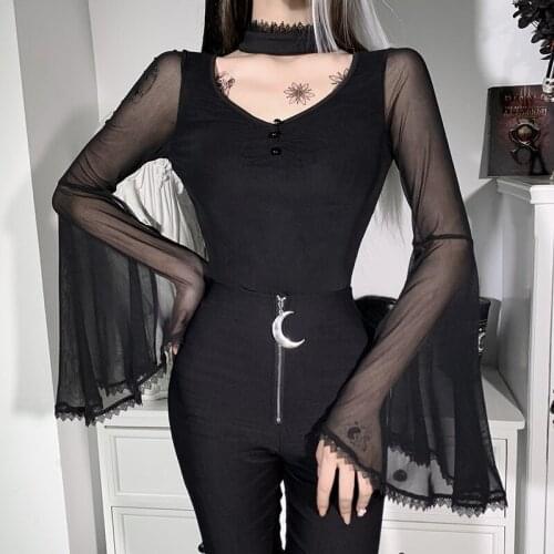 Womens T-Shirt Goth Sexy Mesh Black Tops V Neck Bodycon Long Flare Lace Sleeve Top Harajuku See Through Women Aesthetic Tops
