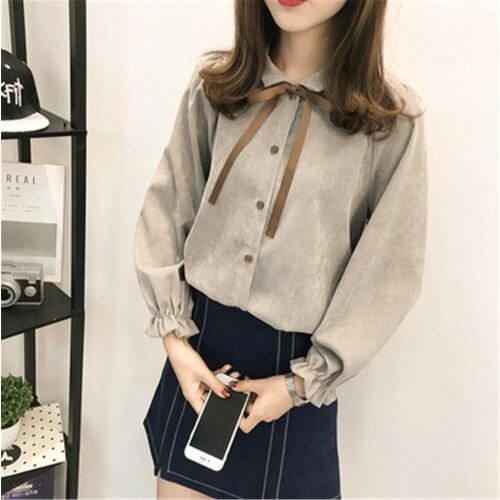 2021 Shirts Women Bow Turn-down Collar Flare Sleeve Korean Style Corduroy Autumn Elegant Vintage Womens Daily Casual Blouses New