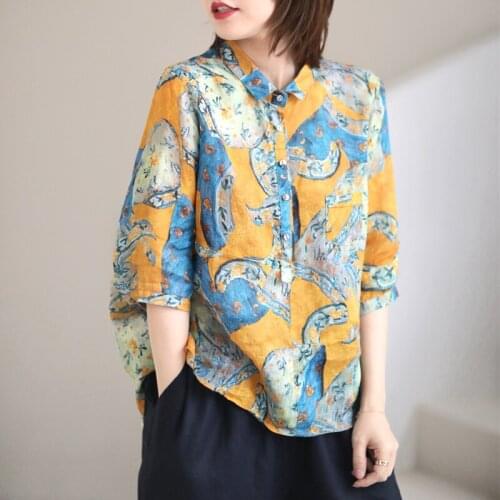 New Women ShirtS Summer 21Mori Girl Style Printed Loose Asymmetric Female Wild Tops Ramie Fashion