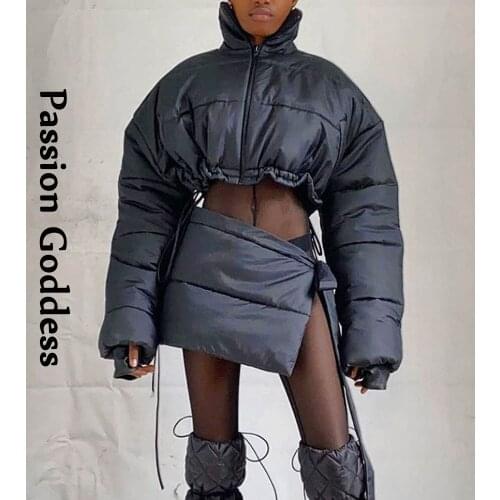 New Women 2 Piece Puffer Jackets Skirts Sets Short Zipper Parkas Down Bubble Coats Bandage Split Cotton Skirts Two Piece Outfits