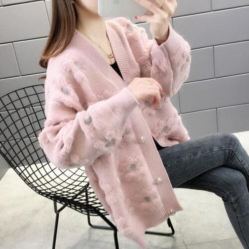 Cardigan Jacket Womens Autumn 2020 New Loose Knitted Sweater Korean Style Coat With Flower V Neck Long Sleeve Knitwear y345