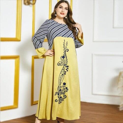 Islamic Dubai Ethnic Middle East Clothing Maxi Dress for Women Embroidery Eid Ramadan Loose Abaya Muslim Long Sleeve Arabic Oman