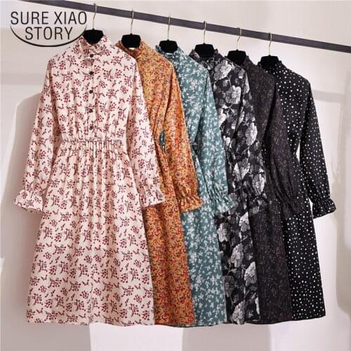 Spring Elastic Waist Knee-length Ladies Dress Maxi Dress Women 2021 Long Sleeve Floral Vintage Women Dresses Vestidos 8823 50