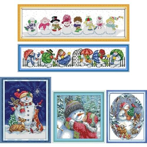 14CT Stamped Print DIY Cartoon Snowman Handmade Cross Stitch Artwork Canvas Embroidery Kit Needlework Home Decor Christmas Craft