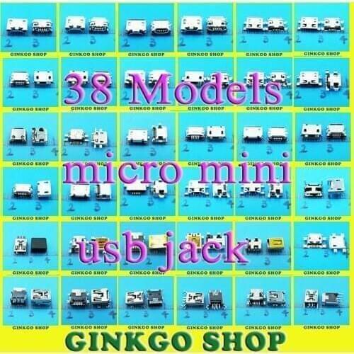 38Models, 760pcs/lot Micro Mini USB 5P 5-pin Jack Connector Tail Charging Socket Female Mix DIP SMD Type Free Shipping