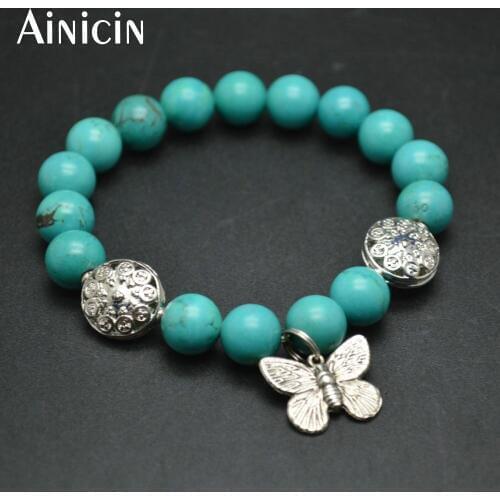 5pcs High Quality Natural Blue Green Stone 10mm Round Beads Strand Bracelets Silver Color Alloy Butterfly Charm Women Jewelry