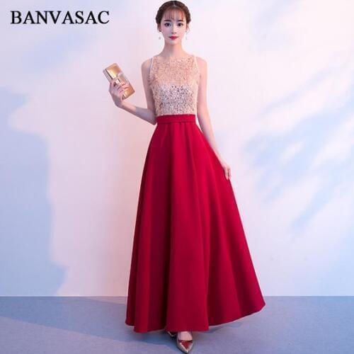 BANVASAC Elegant Sequined O Neck Satin A Line Long Evening Dresses Party Sash Sleeveless Zipper Back Prom Gowns