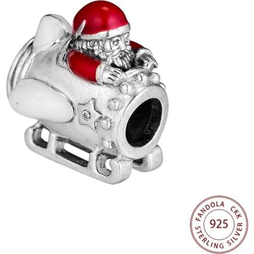 100% Real 925 Sterling Silver Red Enamel Santa in Space Charms Beads Fits Women Bracelets DIY Original Jewelry