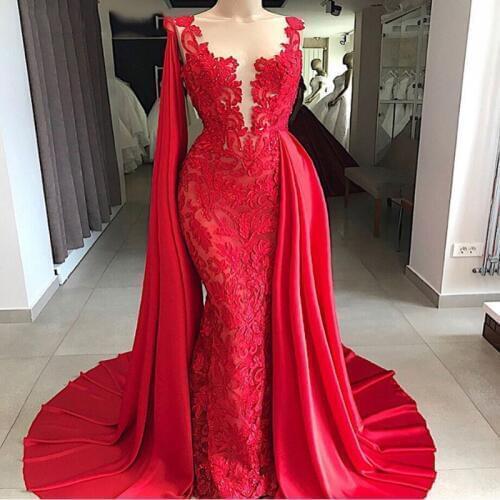 Long Red Mermaid Evening Dresses 2020 Sexy Sheer Top Lace Women Formal Evening Gowns Abendkleider