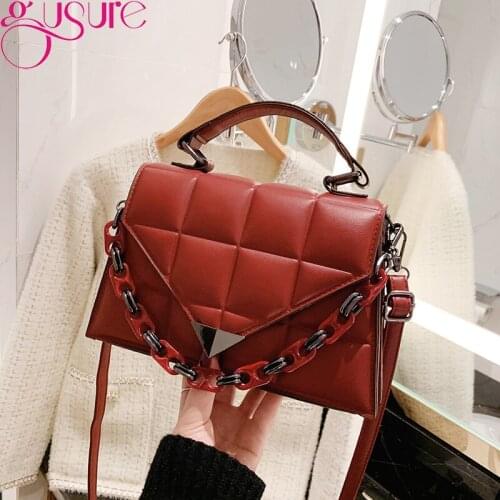 Gusure Fashion Chain PU Leather Shoulder Crossbody Bag For Women Branded Designer Lady Vintage Lattice Tote Handbags and Purse