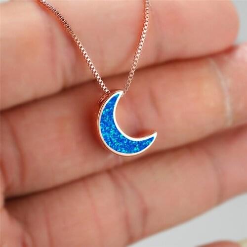 Dainty Moon Bride Wedding Necklace Luxury Lady White Blue Opal Pendant Necklace Rose Gold Silver Color Chain Necklaces For Women