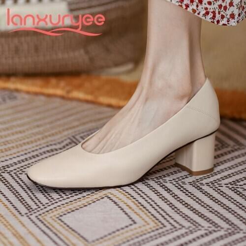 Lanxuryee summer genuine leather round toe high heels concise style brand shoes Korean street beauty lady dating women pumps L02