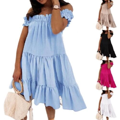 70% Hot Sell Women Dress Solid Color Ruffled Soft Casual Plus Size A-line Knee-length Dress for Dating