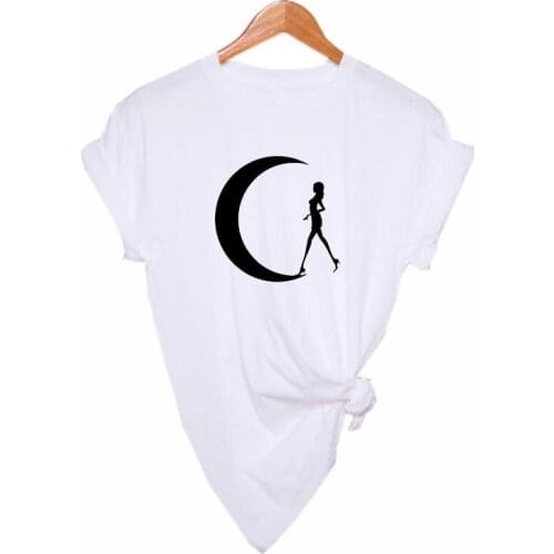 Summer cool street style womens black T-shirt rainbow moon Harajuku womens summer cotton T-shirt womens top size XS-XXL