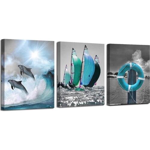 Ocean Teal Blue Dolphin Painting Sailboat Pictures Modern 3 Panels Landscape Artwork For Bedroom Living Room Bathroom Wall Decor