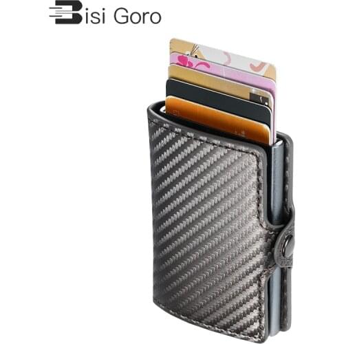 BISI GORO RFID Men Business Button Wallet New Male Coin Purse ID Holder with Zipper Top Quality Carbon Fiber Credit Card Holder