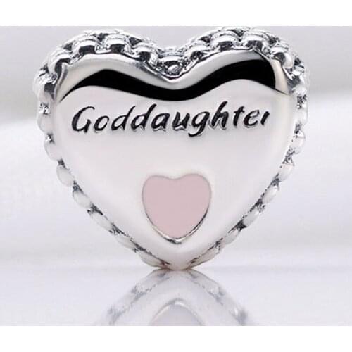 Original Pink Enamel Beaded Goddaughter Heart Beads Fit 925 Sterling Silver Charm Pandora Bracelet Bangle DIY Jewelry