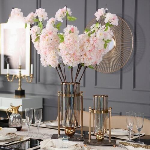 Luxurious 42cm Flower Vase Gold Column Stand Metal Glass Vase Wedding Centerpiece Marble Flower Vase For Event Party Decoration