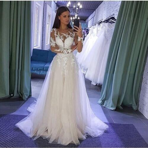Boho Wedding Dress with Long Sleeves Appliques Lace A-Line Custom Made Bohemian White Ivory Wedding Gowns Bride Dresses