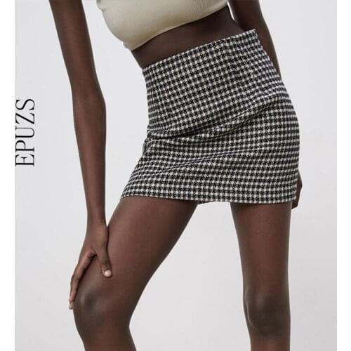 Za Womens Skirts Jacket Houndstooth Faldas Mujer High Waist A line Female Slim Bodycon Sexy Skirt Office Formal Outfit Workwear