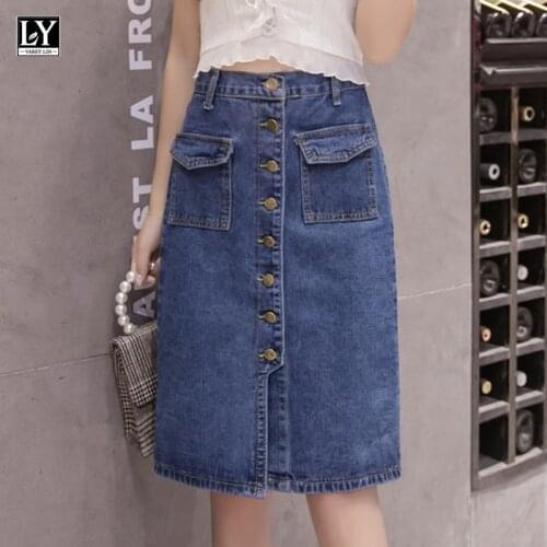LY VAREY LIN 2021 New Spring Summer Women Casual Single Breasted Denim Skirts Vintage High Waist A Line Mid Length Skirts Female