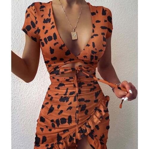 Ladies Summer Ruffles Cut Out Design Leopard Print Bandage Dress Elegant Fashion V-neck Holiday Beach Party Mini Dress