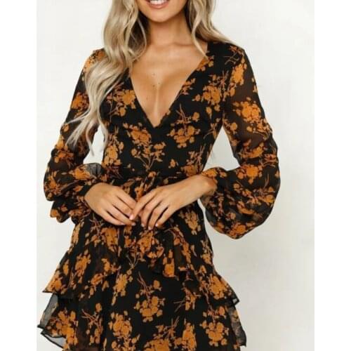Women Fashion Elegant Sexy Casual Summer Short Sleeve Ruffles Floral Print Mini Dress V-neck Floral Print Mini Dress