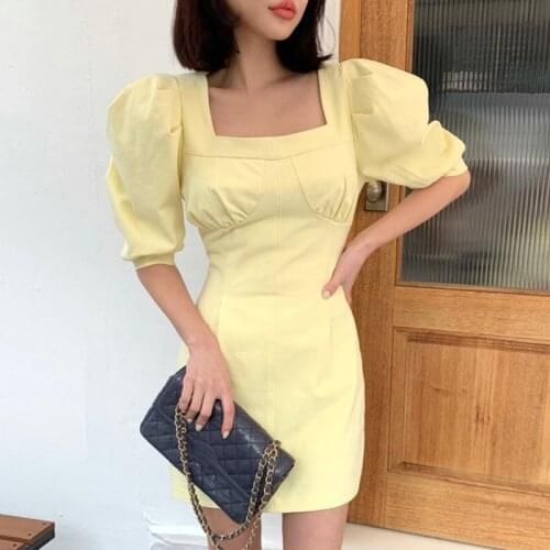 ZHISILAO Puff Sleeve Square Collar Party Dress Women Elegant Mini A-line Dress Summer 2021 French Solid High Waist Robe Yellow