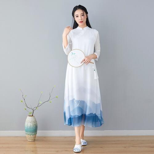 Plus Size Vintage Women Stand Collar 3/4 Sleeve White Dress Robe Femme Sundress Linen Vestido Chinese Cheongsam AA4651