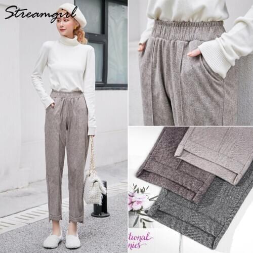 Streamgirl Winter Wool Pants For Women 2020 Iffice High Waist Womens Woolen Trousers Elastic Waist Warm Thicken Pants Autumn