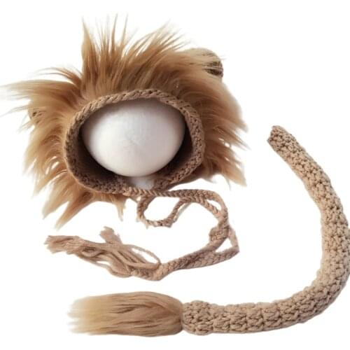 2 Pcs Baby Props Lion Hat Tail Set Newborn Photography Costumes Knitted Outfits 97BC