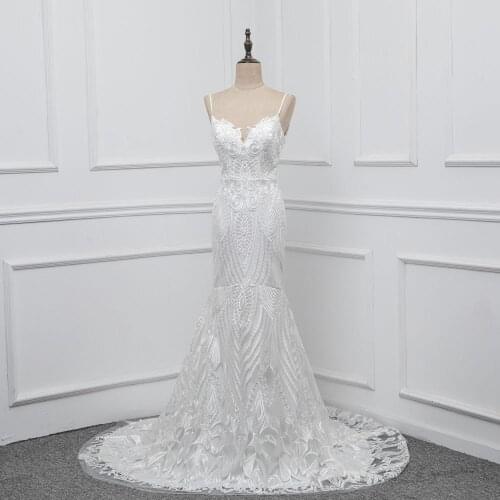 YQLNNE Lace Mermaid Wedding Dress 2018 Vestido De Noiva Spaghetti Backless Sweep Train Bridal Gown