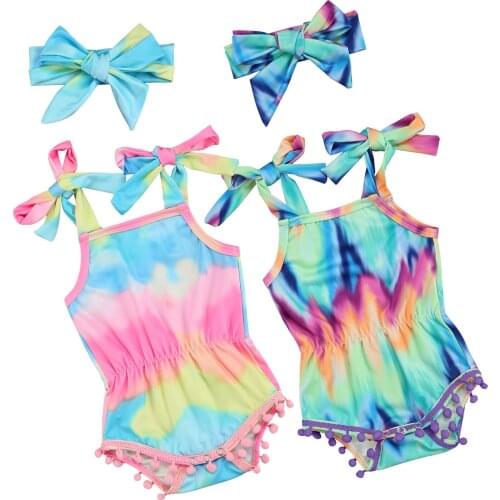 2021 Fashion Kid Camisole Romper + Bow Headband, Tie-dye Print Bright Colors Fur Ball Tassel Decoration Summer Clothing