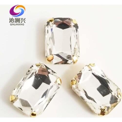 White Rectangle shape High quality Glass Crystal golden bottom sew on claw rhinestones,Diy/Clothing accessories SWCG01