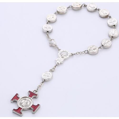 Antique Silver Plated 9mm Beads Adjustable Rosary Bracelet Crucifix Cross St. Benedict Saint Catholic Gift