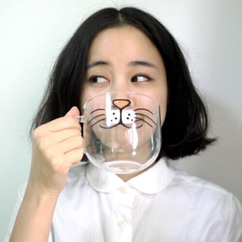 Cat Kitty Face Borosilicate Glass Coffee Cup Transparent Clear Water Mug 550ML