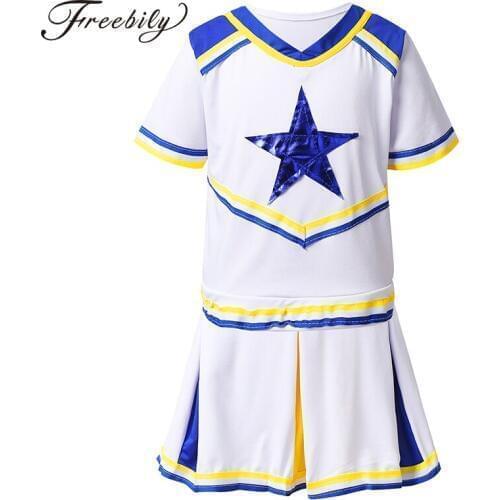 Kids Short Sleeves Tops with Shorts Skirt Set Outfit School Cheerleading Uniforms Girls Stage Performance Jazz Dance Costume
