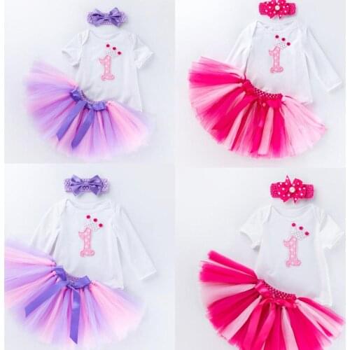 Purple Rose Baby Girls Crown One Romper Seperated TUTU Skirt Baby Clothing Vestidos First Birthday Infant Girl Bowknot Headband