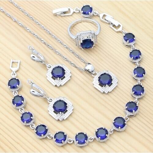Geometric Jewelry Set for Women 925 Silver Open Ring Pendant Earrings Necklace Bracelet Sapphire Jewelry