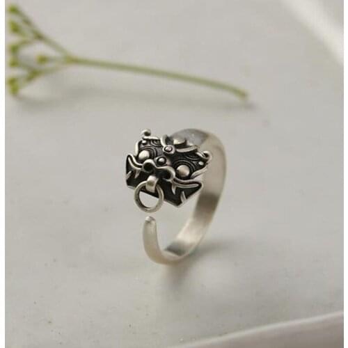 Silver auspicious beast gluttonous Chinese style retro domineering exaggerated neutral male and female opening adjustable ring