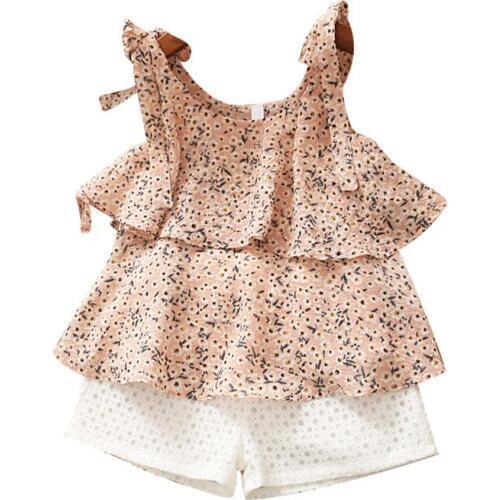 Girls Clothing Sets Summer Kids Clothes Floral Chiffon Halter+Embroidered Shorts Straw Children Clothing