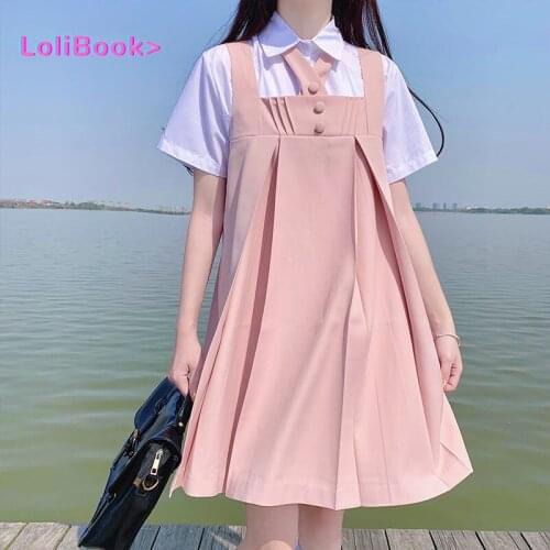 Lolibook Summer Plus Size Pink Japanese Students Girl JK Dress Long Pleated Pinafore Dress School Lady Autumn Sleeveless Uniform