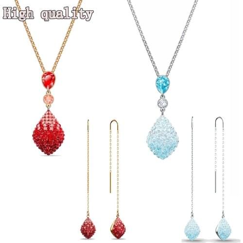 SWA Fashion Jewelry High Quality New Elegant Noble Blue Red Gradient Drop Shape Pendant Ladies Charm Necklace Romantic Gift