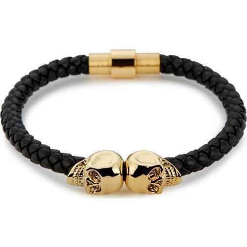 Fashion Stainless Steel Plated Gold Black Men Leather Northskull Bracelet Skull Bracelet For Men S5-0299